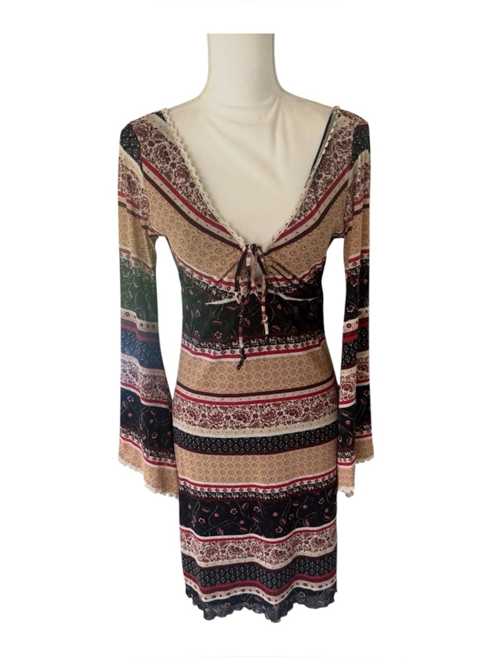 Arden B boho deep V neck empire waist bell sleeve retro midi dress Y2K